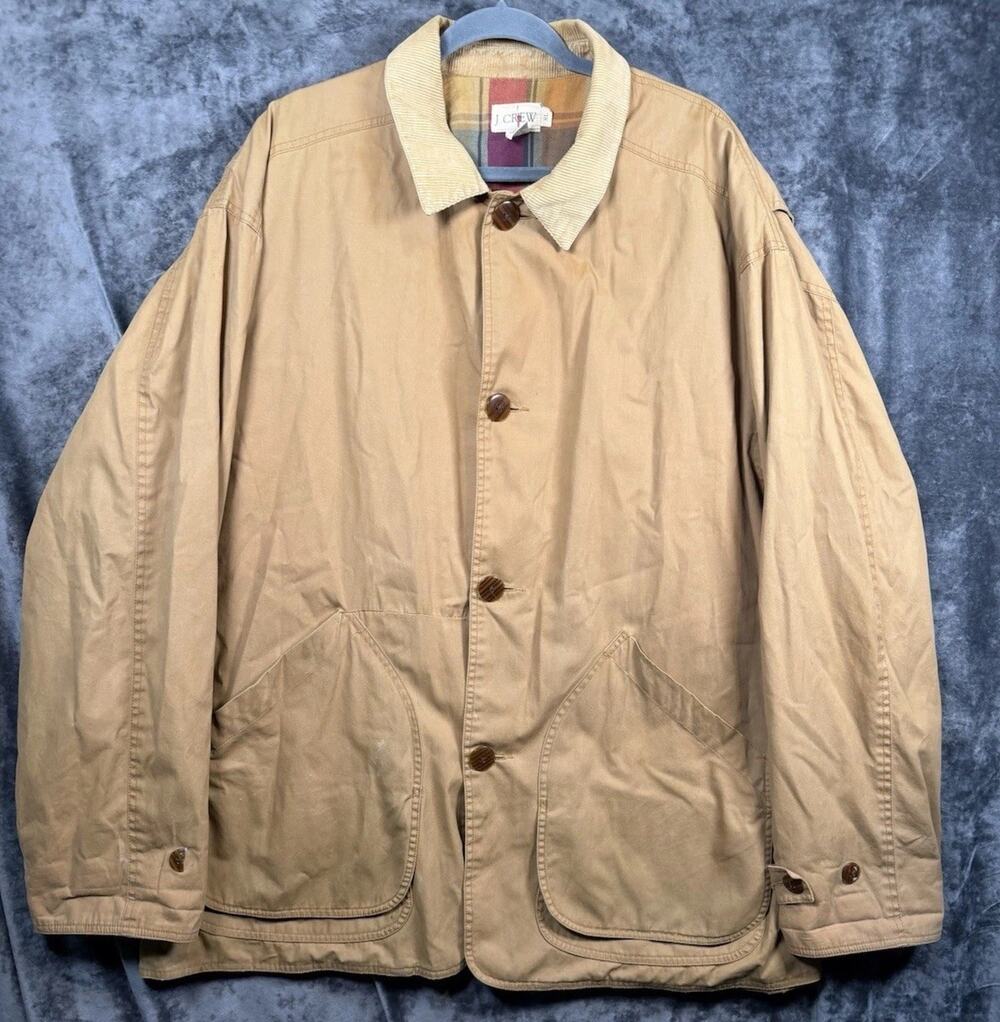 J.Crew Oarsman Barn Coat Jacket Mens XL Tan Chore Corduroy Collar Plaid Lined